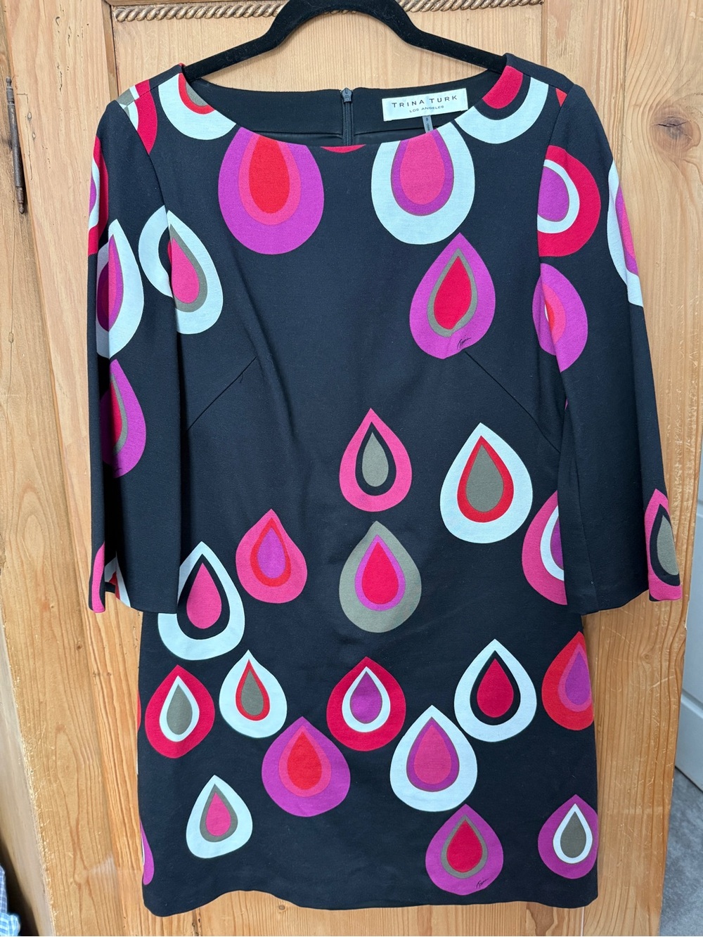 Trina Turk Black Mini Knit Dress with Pink, Red & Purple Teardrop Print